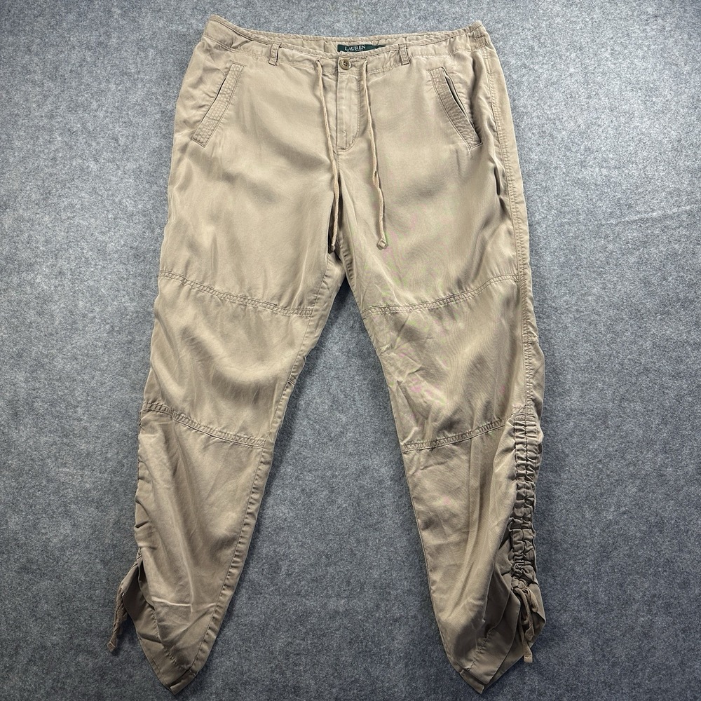 Lauren Ralph Lauren Pants Womens 14 Tan Ruched Hem Drawstring Lyocell Relaxed